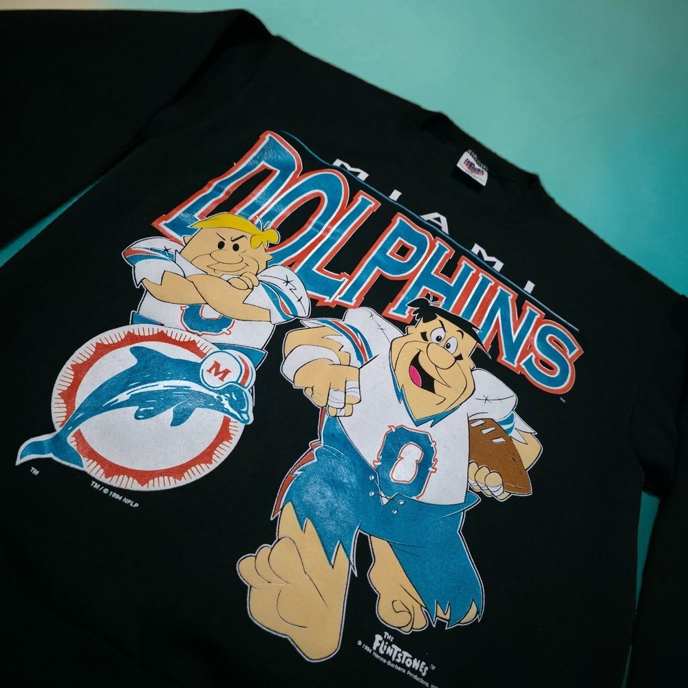 Vintage 1994 Miami Dolphins Flintstones Black NFL Football Sweater Men's Large‎